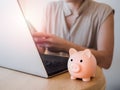 Pink piggy bank on wooden desk with woman`s hands using a smart mobile phone.