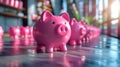 Pink piggy banks in a row on a wooden floor Royalty Free Stock Photo