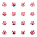 Pink piggy face emoji collection, flat icons set Royalty Free Stock Photo