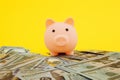 Pink piggy money box in pile of dollar banknotes on yellowbackground, finance Savings, save money for future investments