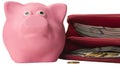 Pink piggy pig with a purse full of money Royalty Free Stock Photo