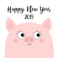 Pink piggy piglet. Happy New Year 2019. Pig face head. Chinise symbol. Cute cartoon funny kawaii baby character. Flat design. Whit Royalty Free Stock Photo