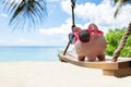 Pink Piggybank With Sunglasses On Wooden Swing