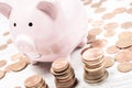 Pink Piggybank Surrounded By Coins And Piles Of Euros