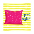 Pink pillow with stars and moon. Background of yellow stripes