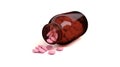 Pink pills spilling out of a brown bottle with white background.