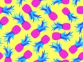 Pink pineapple with blue foliage pop art style. Seamless pattern with pineapples in retro style. Summer fruit pattern. Tropical