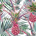 Pink pineapple, tropical plant watercolor seamless pattern