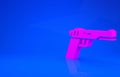 Pink Pistol or gun icon isolated on blue background. Police or military handgun. Small firearm. Minimalism concept. 3d