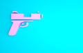 Pink Pistol or gun icon isolated on blue background. Police or military handgun. Small firearm. Minimalism concept. 3d