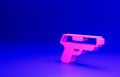 Pink Pistol or gun icon isolated on blue background. Police or military handgun. Small firearm. Minimalism concept. 3D