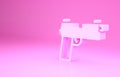 Pink Pistol or gun icon isolated on pink background. Police or military handgun. Small firearm. Minimalism concept. 3d