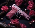 a pink pistol sitting on top of some pink roses