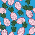 Pink pitayas seamless random pattern. Blue background. Bright contrast summer viramin backdrop