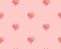 Pink pixel heart on pink background, seamless vector pattern