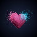 Pink pixelated heart dissolving into teal nodes and connections, representing a digital