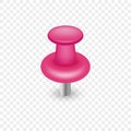 Pink Plastic Push Pin Button. Single Thumbtack with Needle on Transparent Background. Realistic Pink Pushpin. Office