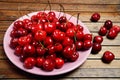 Pink plate with cherries fruit Royalty Free Stock Photo