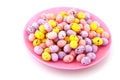 Pink plate filled with easter eggs Royalty Free Stock Photo