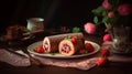 Pink plate with pieces of delicious sponge cake roll, fresh strawberries, napkin and chocolate, generative ai