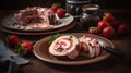 Pink plate with pieces of delicious sponge cake roll, fresh strawberries, napkin and chocolate on light background, generative ai