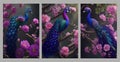A pink plum blossom,A beautiful peacock stands on a flower branch. 3D rendering wall art decor Royalty Free Stock Photo
