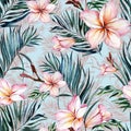 Pink plumeria flowers and exotic palm leaves in seamless tropical pattern. Blue background. Watercolor painting. Royalty Free Stock Photo