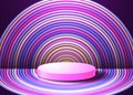 Pink podium on the background of multi-colored rainbow circles. Presentation pedestal. Royalty Free Stock Photo