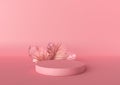 Pink podium with tropical leaves on the pink background. Podium for product, cosmetic presentation. Creative mock up