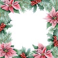 Pink poinsettia flowers, Christmas tree branches and red holly berries square frame watercolor illustration template Royalty Free Stock Photo