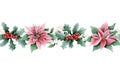 Pink poinsettia flowers with red holly berries watercolor seamless border. Christmas and New Year banner Royalty Free Stock Photo