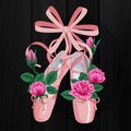 Pink pointes female ballet shoes with pink roses flat design on black background.