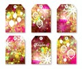 Pink polygonal Festive collection of Christmas labels with snowflakes.