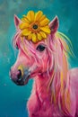 Pink pony with yellow flower on head in vibrant green background and clear blue sky