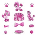 Pink poodle set dog animal isolated object on white background.