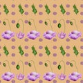 Pink poppies flowers. Seamless pattern on yellow background. Floral texture. Digital illustration.