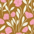 Pink poppy vintage flower seamless repeat pattern with brown background Royalty Free Stock Photo