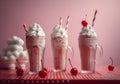 beverage sweet drink retro glass pink ice milkshake cocktail cream. Generative AI.