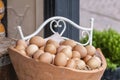 Pottery basket filled with eggs