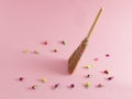 Pink predominated background with broom and roses