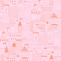 Pink princess castle seamless pattern. Vector medieval towers silhouette repeat background for baby girls. Royalty Free Stock Photo