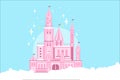 Pink princess castle in white clouds. Fairy tale building. Royal palace with towers, gate, conical roofs and flags Royalty Free Stock Photo