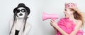 Pink princess with megaphone protested Royalty Free Stock Photo