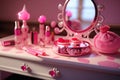 Pink princess style boudoir table. Details of the interior of the bedroom for girls and make-up. Generative Ai