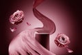 Pink product podium placement on solid background with flowers falling and silk fabric flow. Luxury premium beauty, fashion,