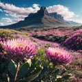 Pink protea flowers and colorful mountain fynbos on a stormy spring day in the Southern Cape, South Africa. Species