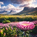 Pink protea flowers and colorful mountain fynbos on a stormy spring day in the Southern Cape, South Africa. Species