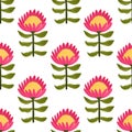 Pink Protea flowers seamless pattern. Bright Australian flowers on white background. Hand drawn floral print Royalty Free Stock Photo