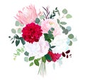 Pink protea, ranunculus, burgundy red dahlia, peony, white hydra