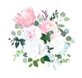 Pink protea, ranunculus, white peony and hydrangea, agonis, euca